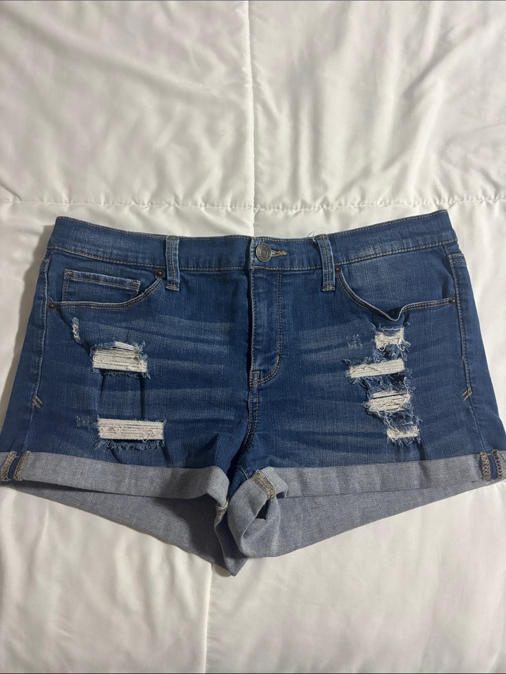Mudd Distressed Rolled-Hem Denim Shorts - Blue